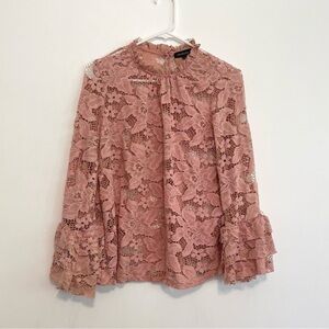 CLOUD & SKY Blush Pink Lace High Neck 3/4 Sleeve Bell Sleeve Coquette Blouse XL